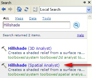 پنجره Search عبارت Hillshade